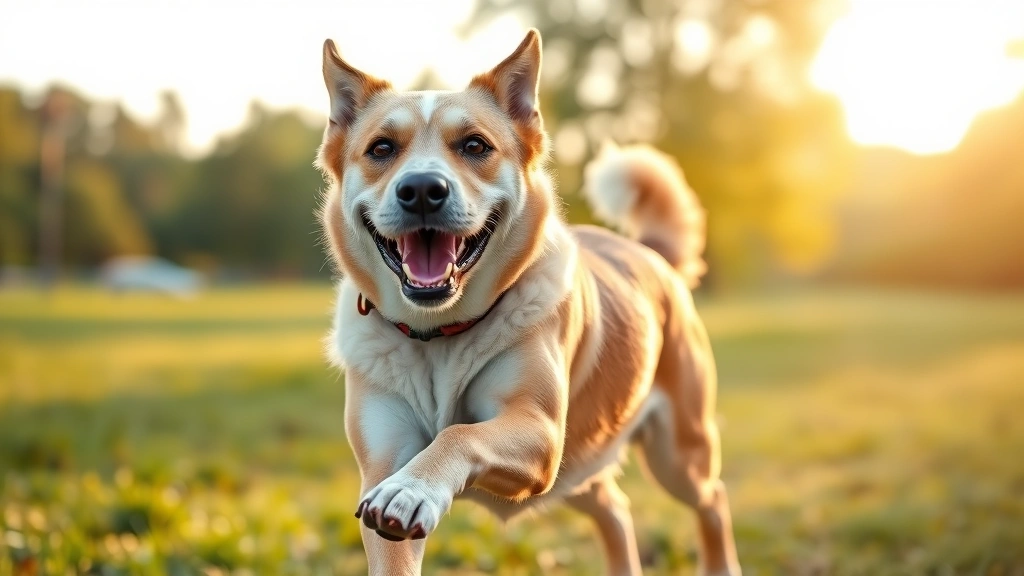 is salmon good for dogs -
Photorealistic image of a senior dog with gray muzzle playing fetch in a park, 