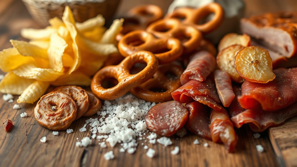 is salt good for dogs -
Photorealistic close-up of various salty human foods like potato chips, pretzel