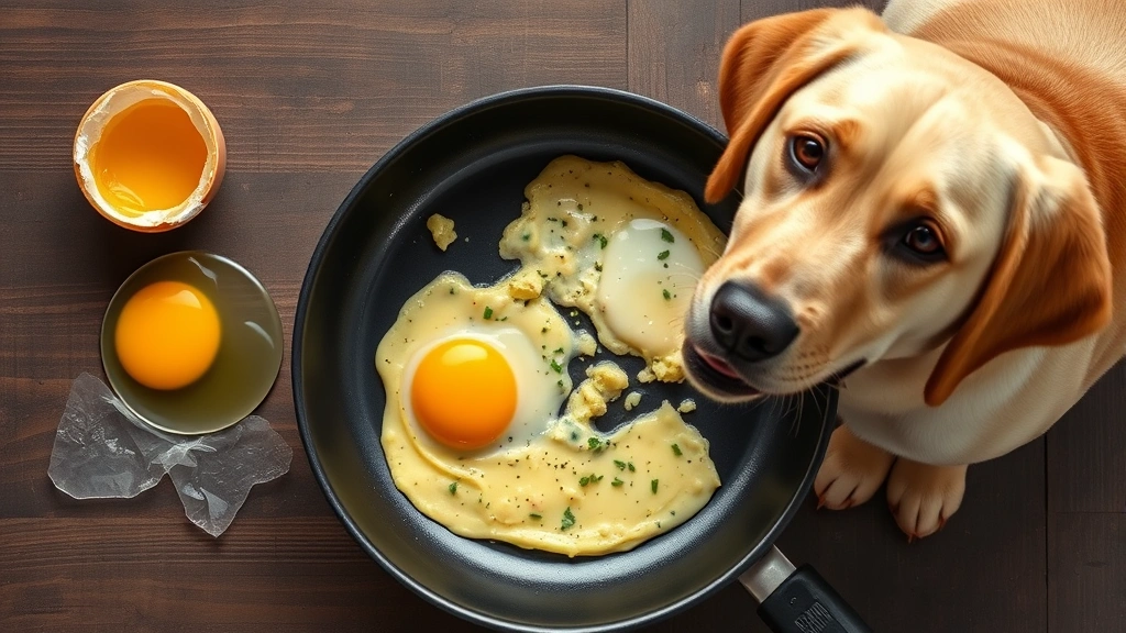 is scrambled eggs good for dogs -
Photorealistic overhead shot of a raw egg cracked open next to cooked scrambled