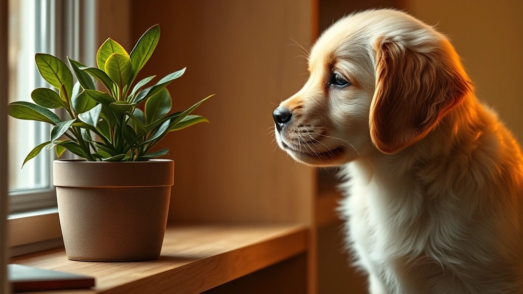 is snake plant toxic to dogs -
Photorealistic image of a golden retriever puppy looking curiously at a potted 