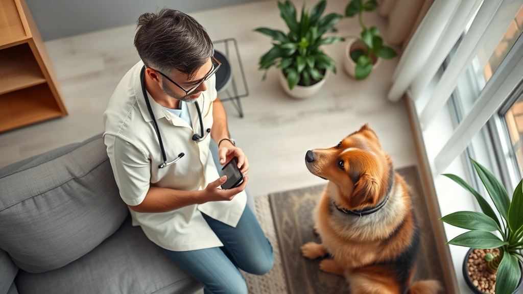 is snake plant toxic to dogs -
Photorealistic overhead view of dog owner calling veterinarian while concerned 