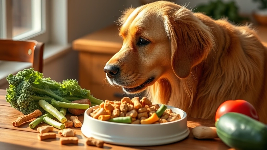is stevia toxic to dogs -
Photorealistic golden retriever looking at a bowl of various dog treats and veg