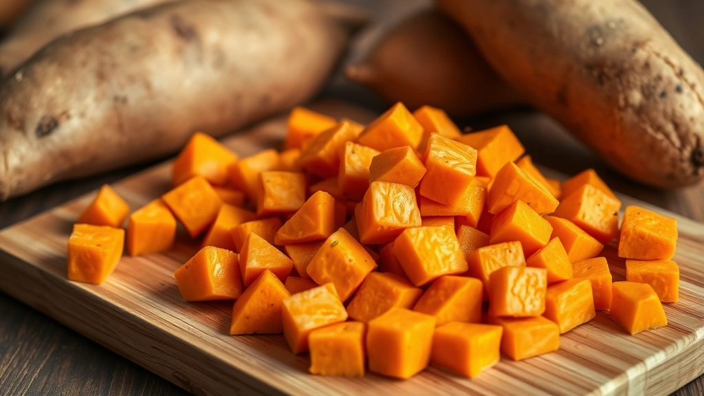 is sweet potato good for dogs -
Freshly cooked sweet potato chunks on a wooden cutting board next to whole raw 