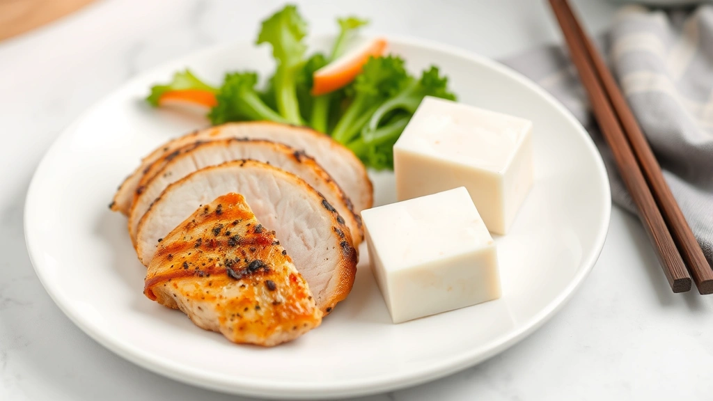 is tofu good for dogs -
and chicken breast arranged on a white plate next to a small portion of plain t