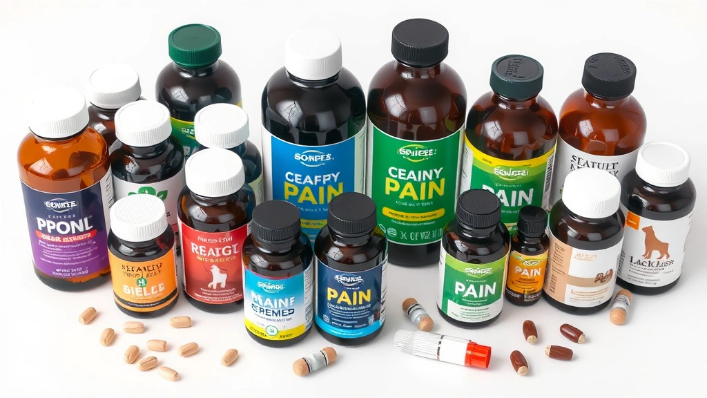 is tylenol ok for dogs -
Photorealistic image of various dog pain relief medication bottles and suppleme