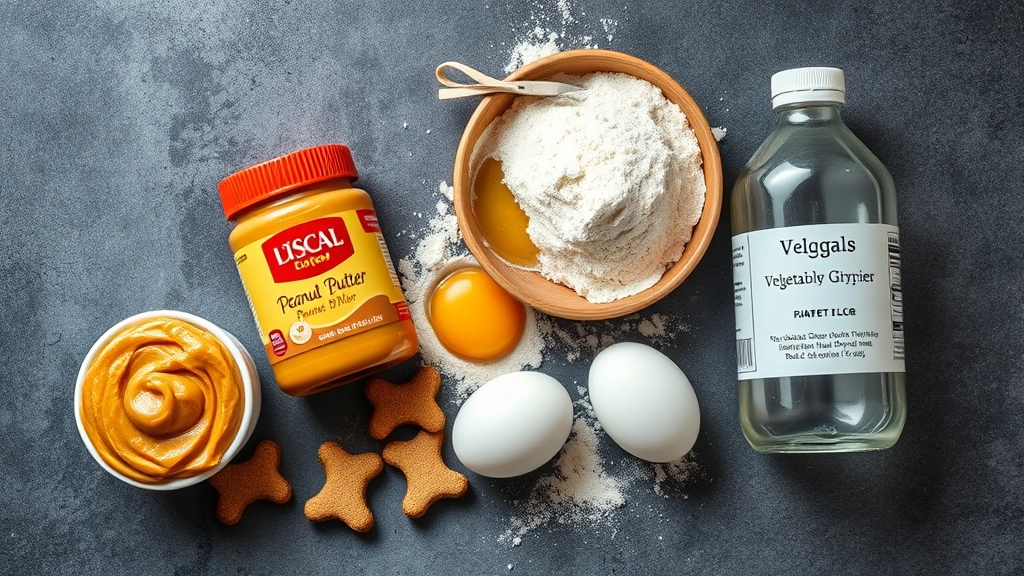 is vegetable glycerin safe for dogs -
Photorealistic flat lay of dog treat ingredients including peanut butter jar, f