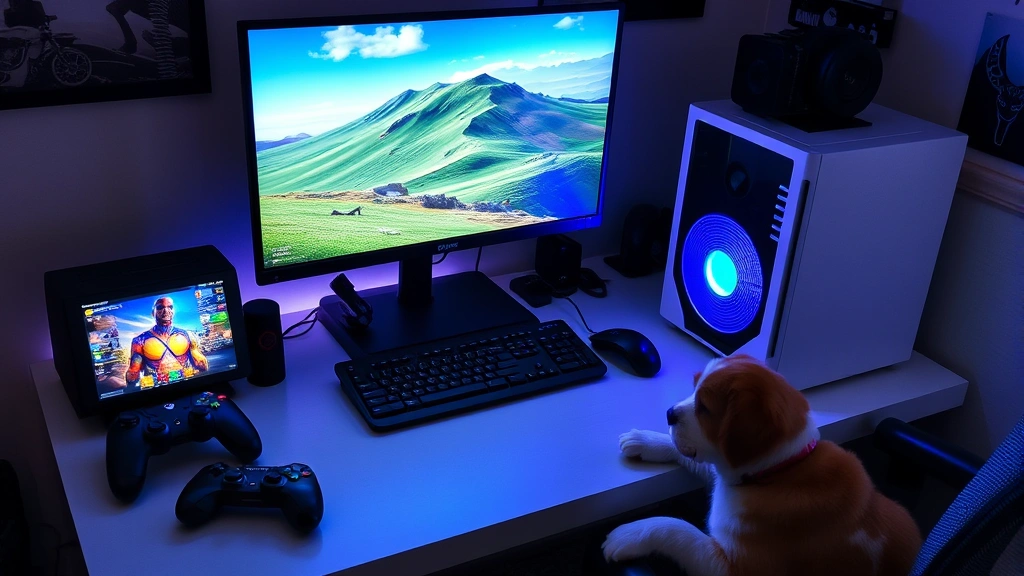 is watch dogs 2 cross platform -
gaming PC) arranged on a gaming desk with controllers and a dog toy nearby
