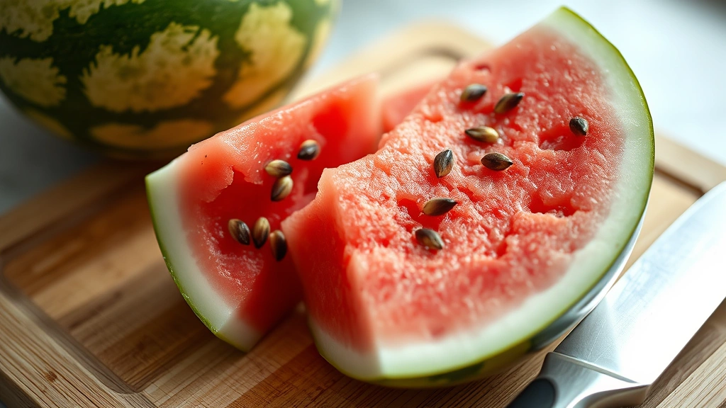 is watermelon safe for dogs -
Photorealistic close-up of sliced watermelon with seeds removed, showing pink f