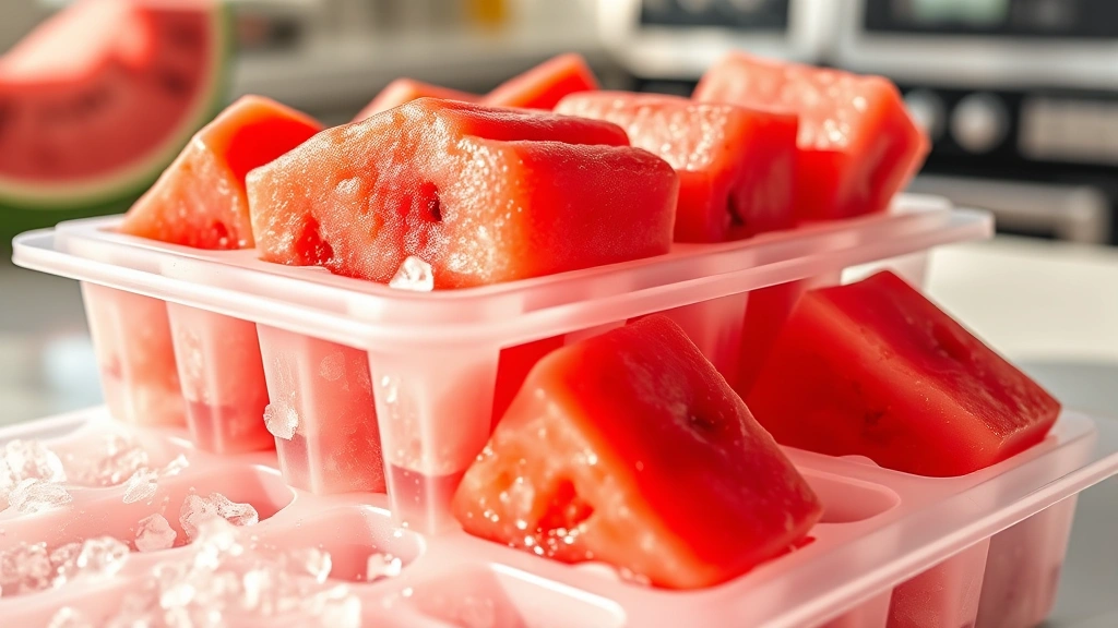is watermelon safe for dogs -
Photorealistic photo of frozen watermelon cubes in an ice cube tray, ready to b