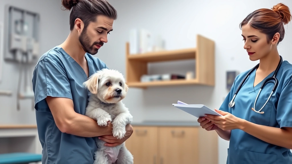 is white chocolate chocolate bad for dogs -
Photorealistic image of a veterinary clinic examination room with a concerned d