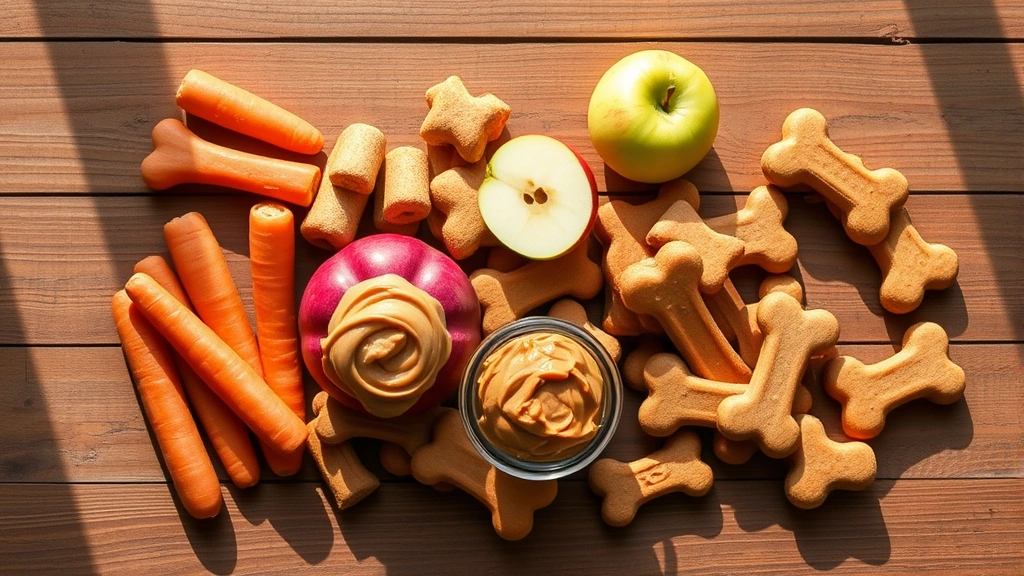 is white chocolate chocolate bad for dogs -
Photorealistic flat lay composition of various dog treats and safe snacks inclu