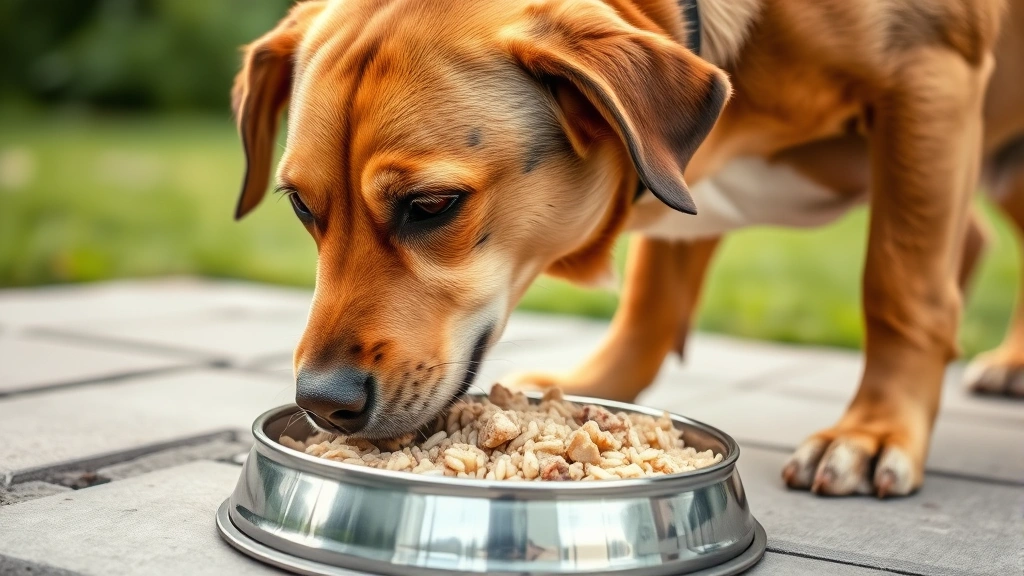 is white rice or brown rice better for dogs -
Photorealistic image of a healthy adult dog with shiny coat enjoying a meal of