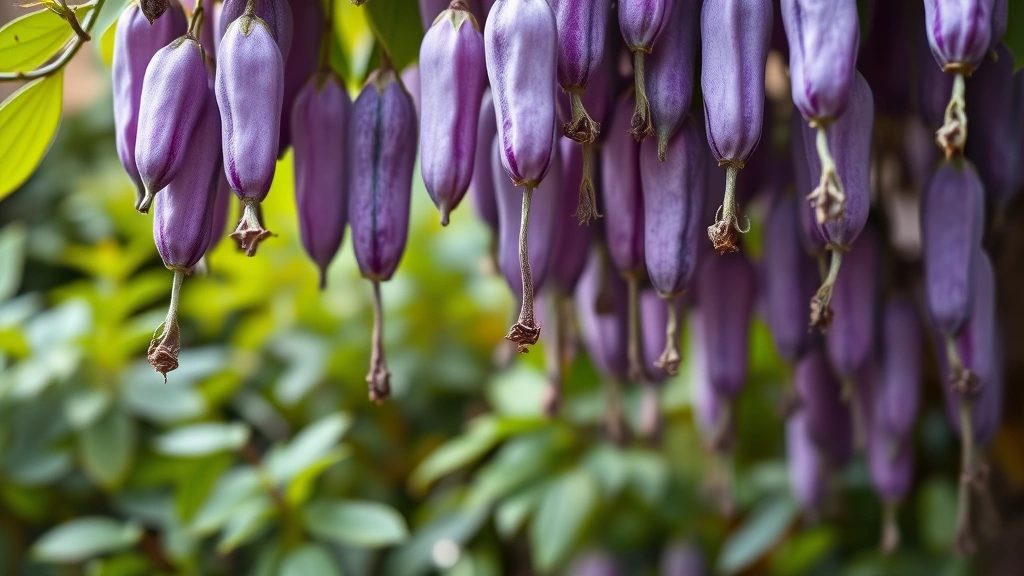 is wisteria poisonous to dogs -
Photorealistic close-up of wisteria seed pods hanging from vines, showing the l