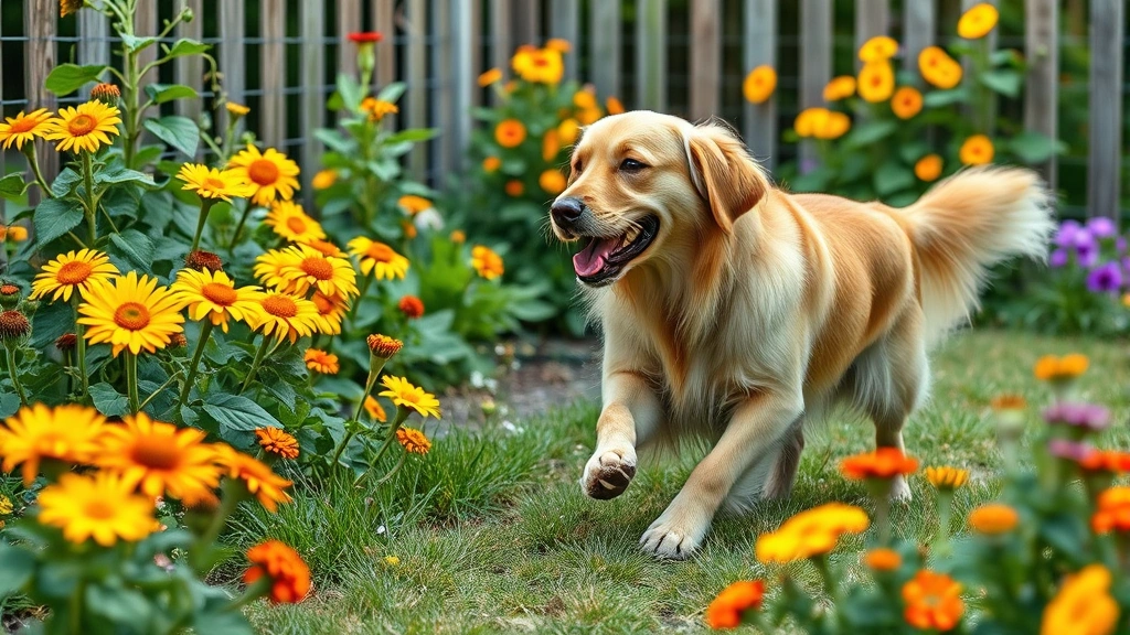 is wisteria poisonous to dogs -
Photorealistic image of a golden retriever playing in a fenced dog-safe garden