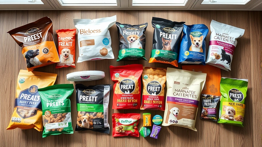 is xanthan gum bad for dogs -
Photorealistic flat lay of various dog food and treat packages on a wooden surf