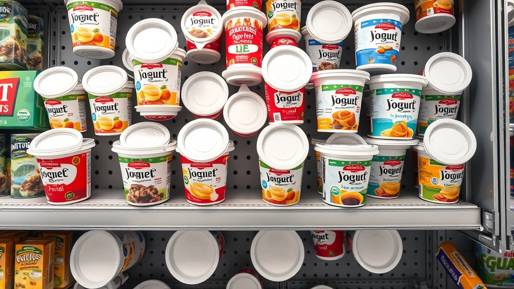 is yogurt bad for dogs -
Photorealistic overhead shot of various yogurt containers on a grocery store sh