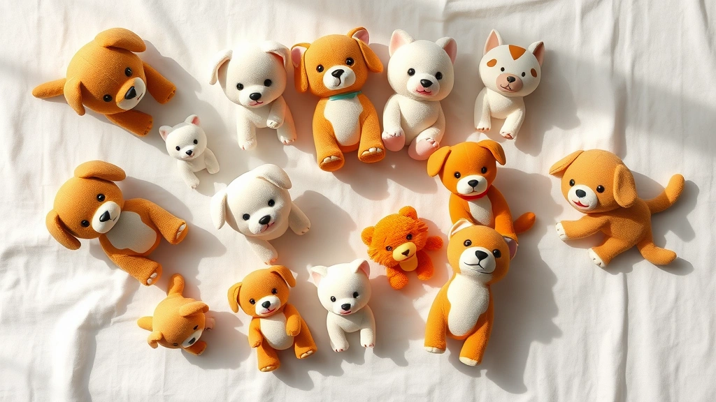 jellycat dog -
Photorealistic overhead flat-lay shot of various jellycat dog toy designs arran
