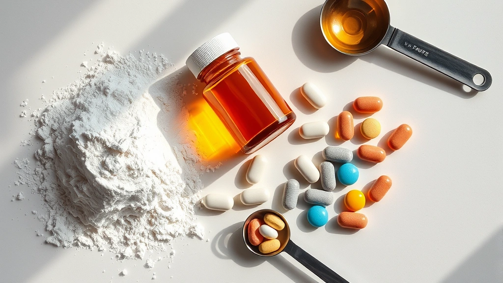 joint support feeding schedule -
Photorealistic overhead shot of various joint supplement formats – powder