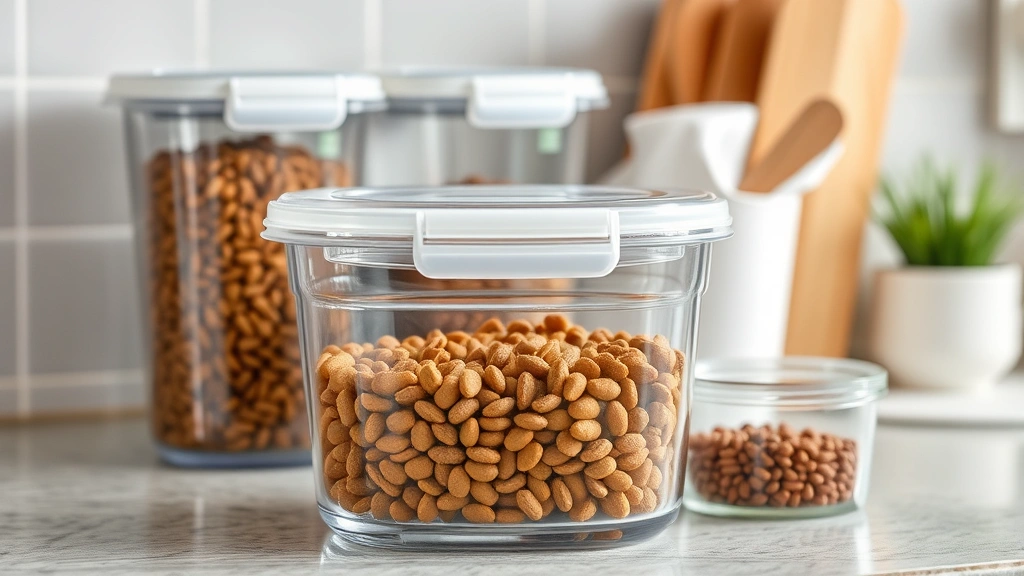 kibble freshness feeding window -
with airtight pet food storage containers visible on the counter in the backgro