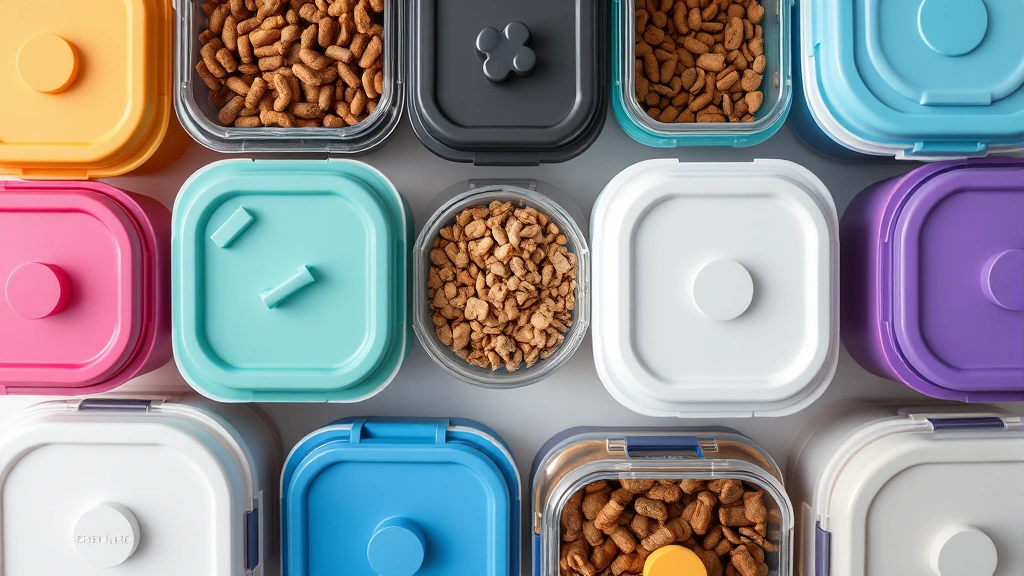 kibble freshness feeding window -
Photorealistic overhead shot of various airtight pet food storage containers wi