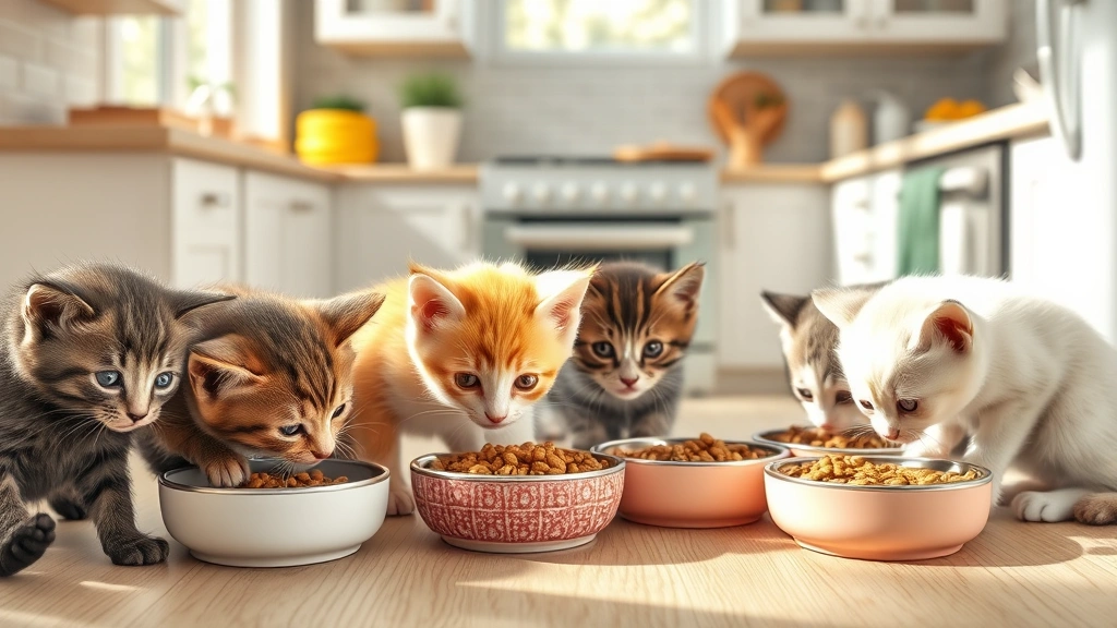 kitten feeding schedule -
Photorealistic image of multiple kittens of different colors eating from separa