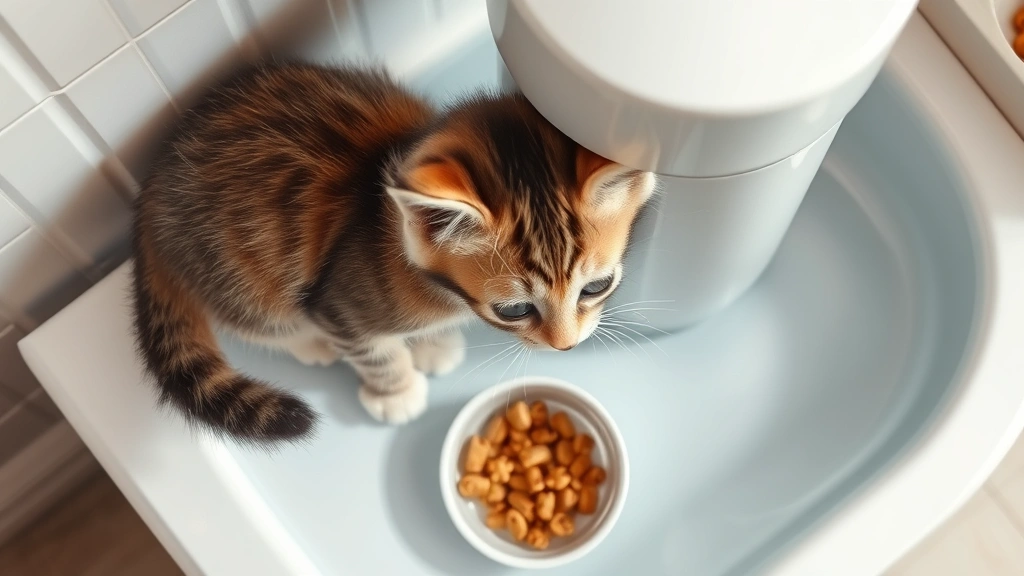 kitten feeding schedule -
Photorealistic overhead shot of a kitten drinking water from a modern water fou