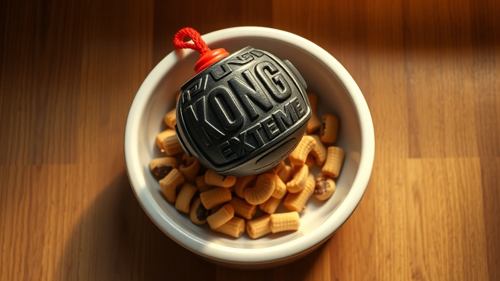 kong extreme dog toy - fetch -
Photorealistic overhead shot of a Kong Extreme toy filled with treats and froze