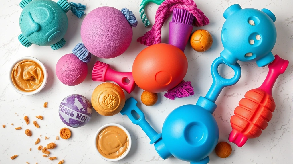 kong feeding routine -
Overhead flat lay view of multiple Kong toys in different sizes and colors arra