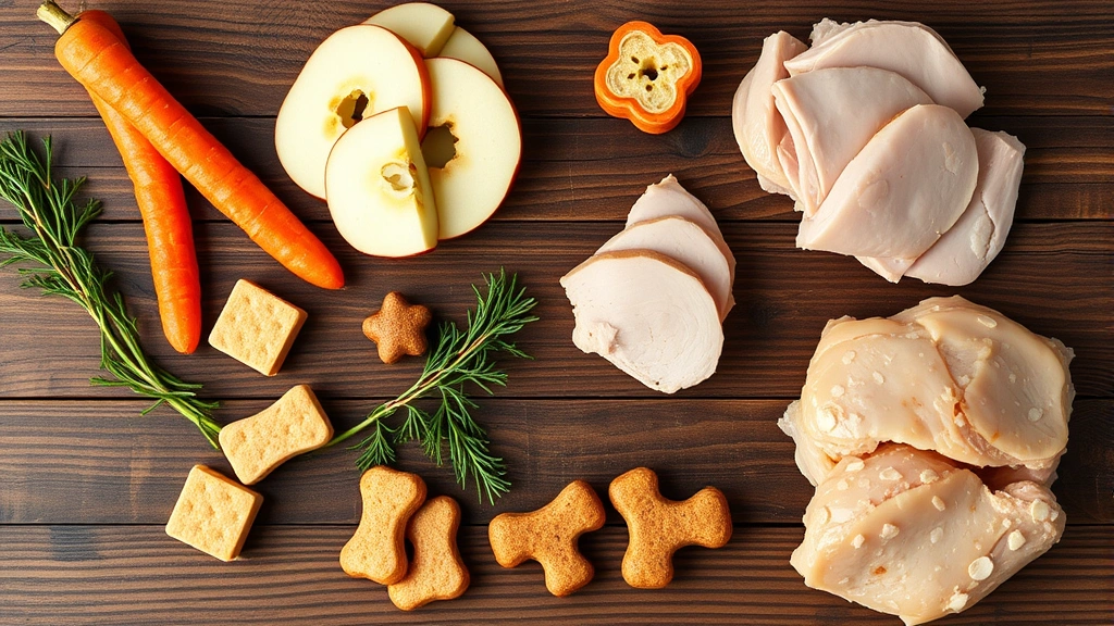 kosher hot dogs -
Photorealistic overhead shot of various dog-safe treat options including carrot