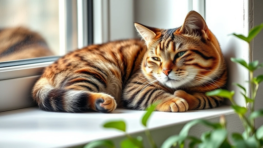 L-theanine for pets -
Photorealistic tabby cat resting contentedly on a window sill with soft natural