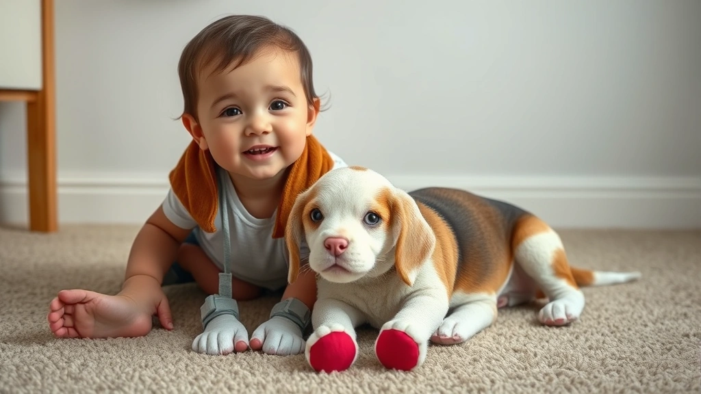 lambchop dog toy -
Photorealistic image of a small child and a beagle puppy together with a lambch