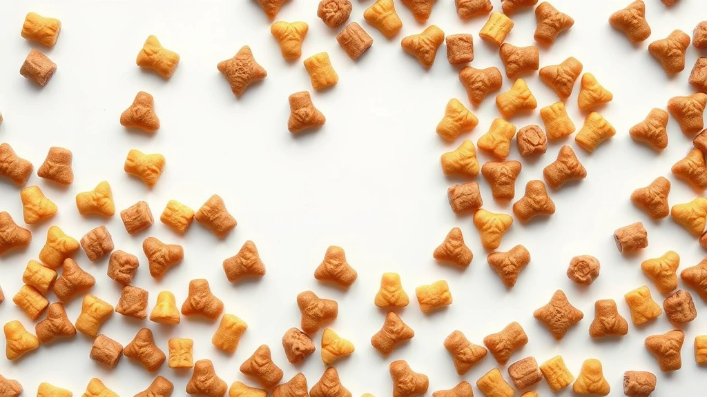 large breed dog food -
Photorealistic overhead shot of various high-quality dog food kibble pieces sca