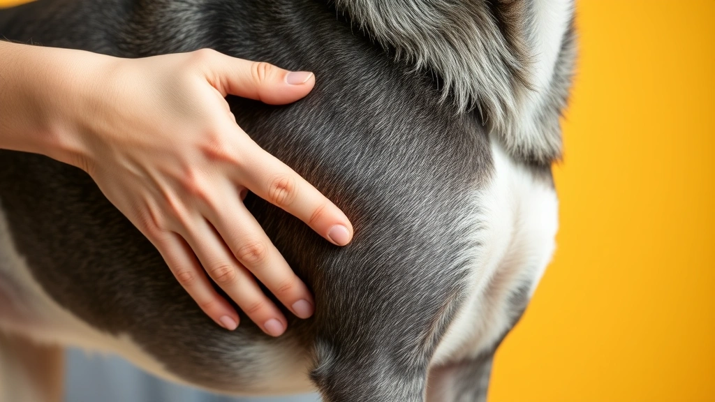 large breed dog food -
with a veterinarian’s hand gently touching the dog’s rib area
