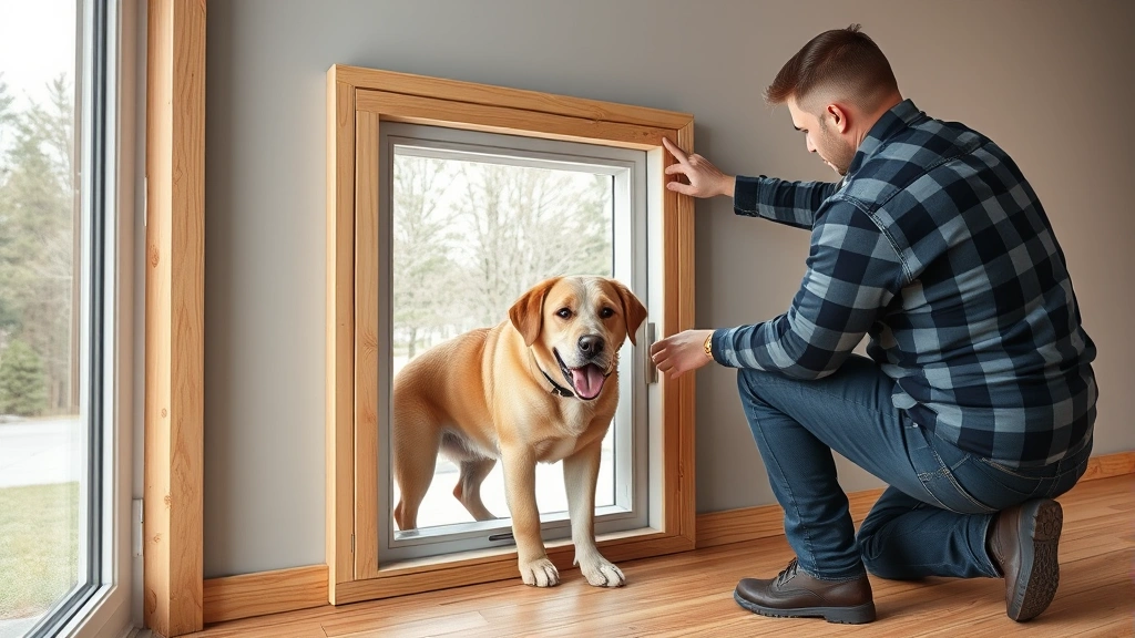 large dog door -
Photorealistic image of a professional installing a wall-mounted large dog door