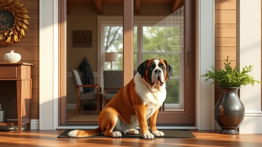large dog door -
Photorealistic image of a Saint Bernard sitting in front of a sliding glass doo
