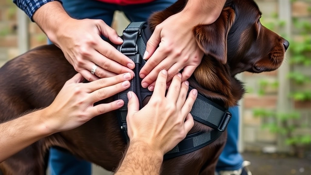 large dog harness -
Photorealistic image of a person’s hands adjusting a large dog harness on
