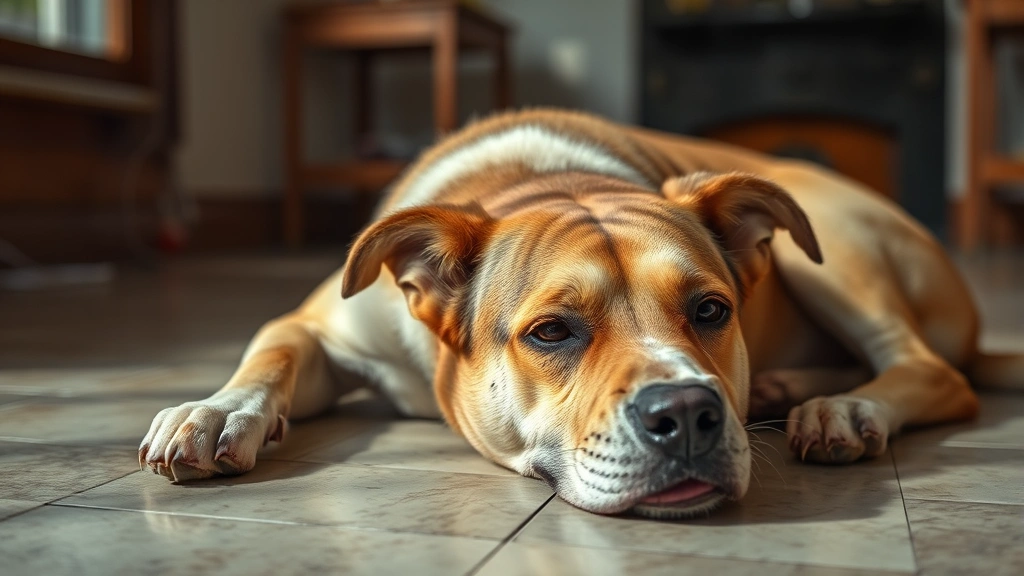 laryngeal paralysis in dogs -
Photorealistic image of an older dog resting on a cool tile floor indoors, pant