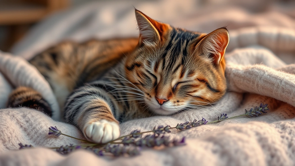lavender supplements for pets -
Photorealistic image of a tabby cat resting contentedly on a cozy blanket with 