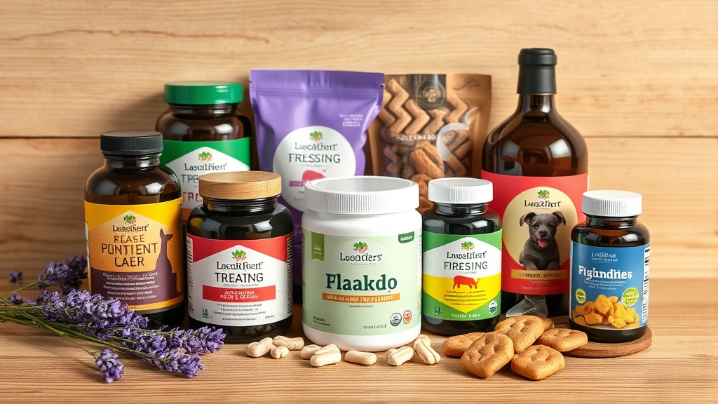 lavender supplements for pets -
Photorealistic image of various pet supplement bottles and treats displayed on 