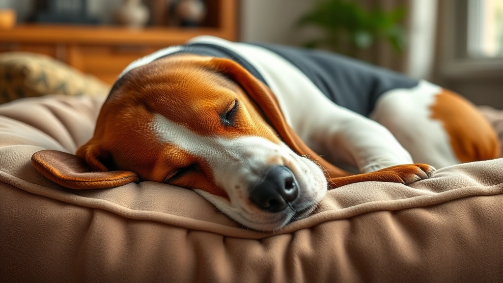 lazy dog breeds -
photorealistic style: A Basset Hound sleeping on a soft dog bed with its long e