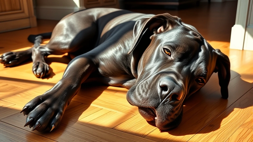 lazy dog breeds -
photorealistic style: A Great Dane sprawled across a hardwood floor in a relaxe