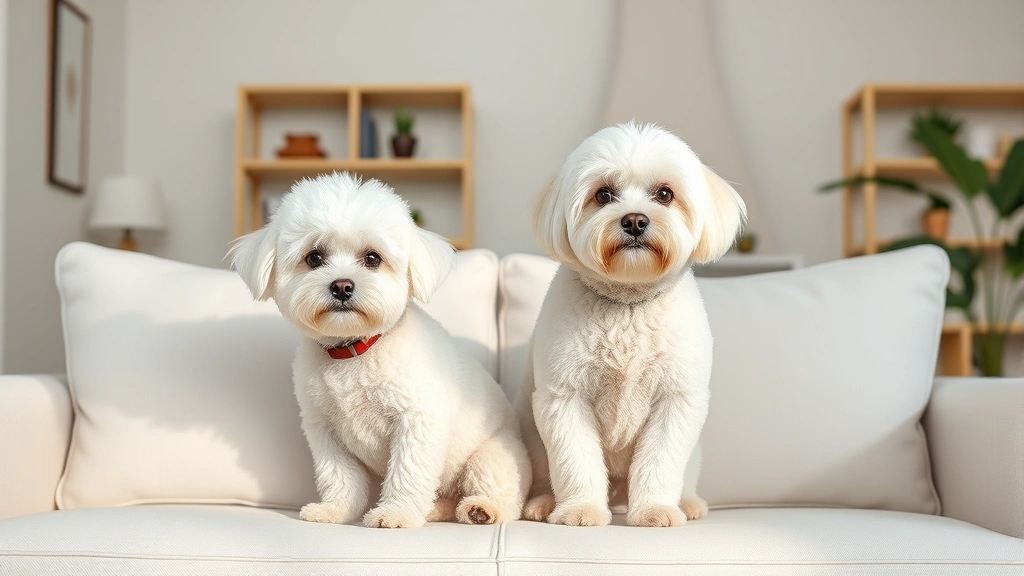 least moulting dogs -
Photorealistic image of a Bichon Frise and a Maltese sitting together on a whit