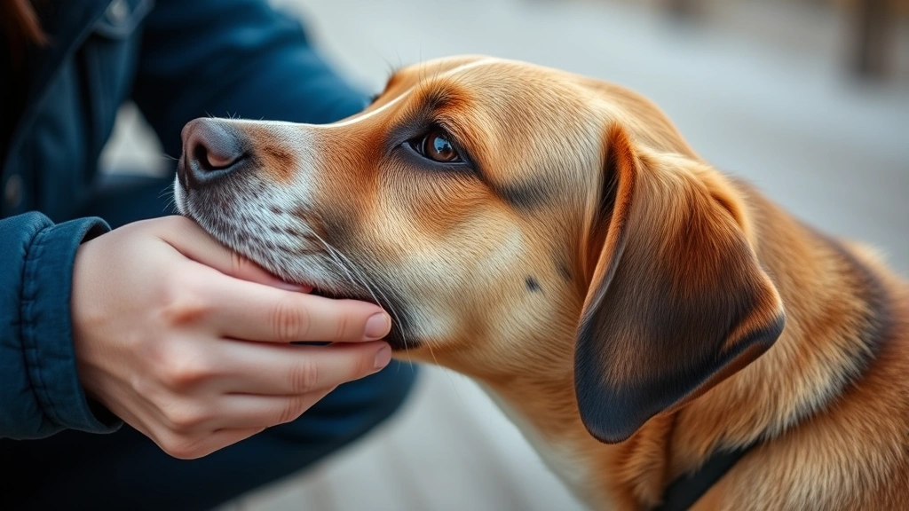 let me know dog -
owner’s hand gently touching dog’s head
