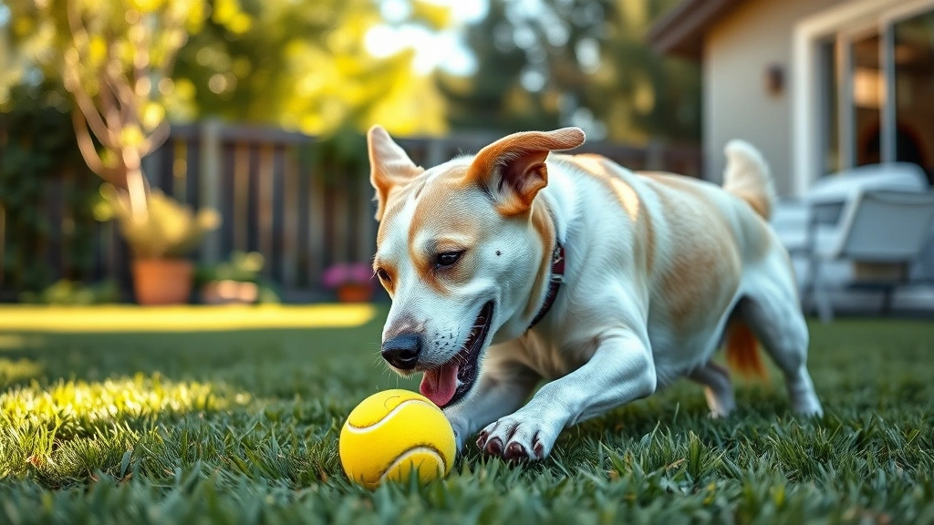 lethargy in dogs -
Photorealistic image of a healthy energetic dog playing with a tennis ball in a