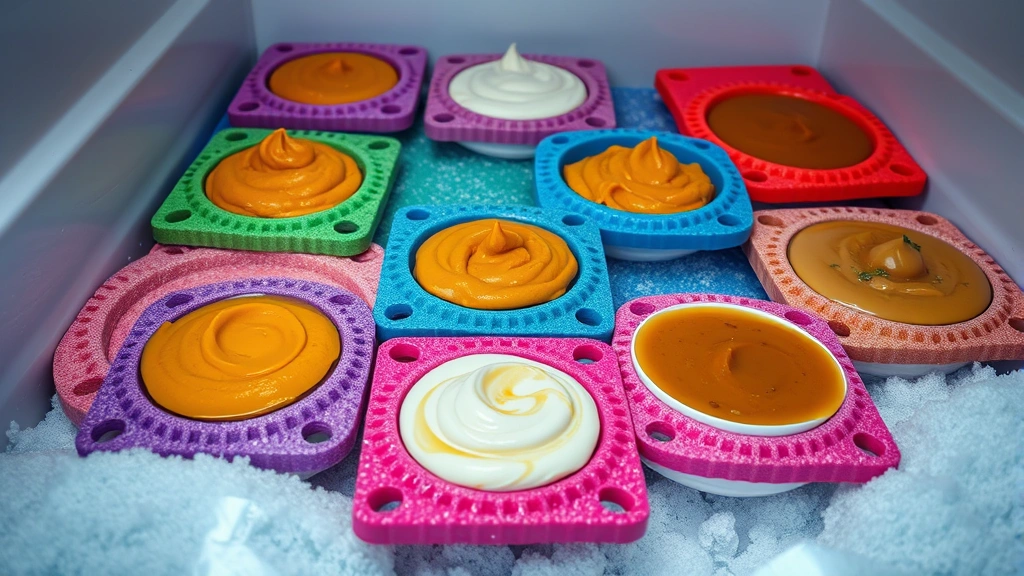 lick mats feeding schedule -
Photorealistic image of multiple colorful frozen lick mats arranged in a freeze