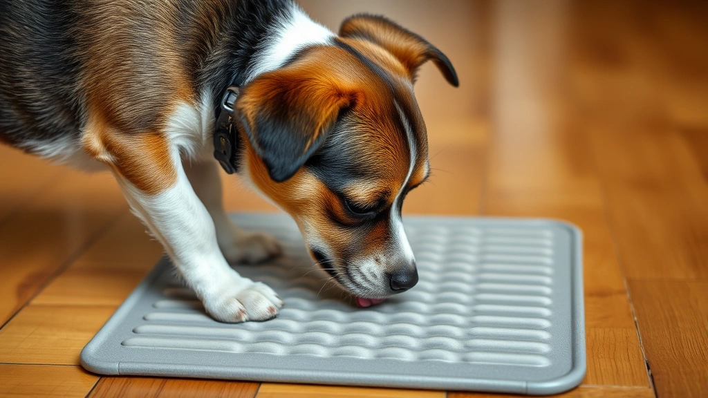 lick mats feeding schedule -
Photorealistic side view of a small dog concentrating intently while licking a