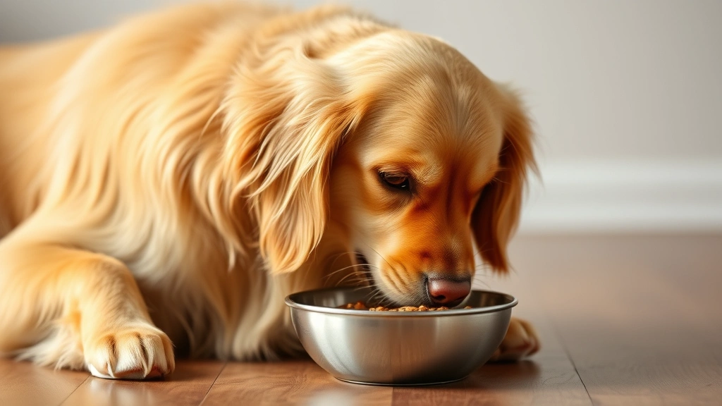 life's abundance dog food -
energetic golden retriever eating from a bowl with a shiny
