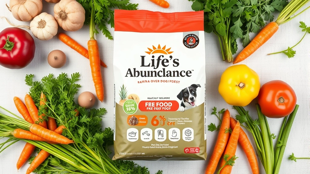 life's abundance dog food -
A photorealistic flat-lay of Life’s Abundance dog food bag surrounded by 