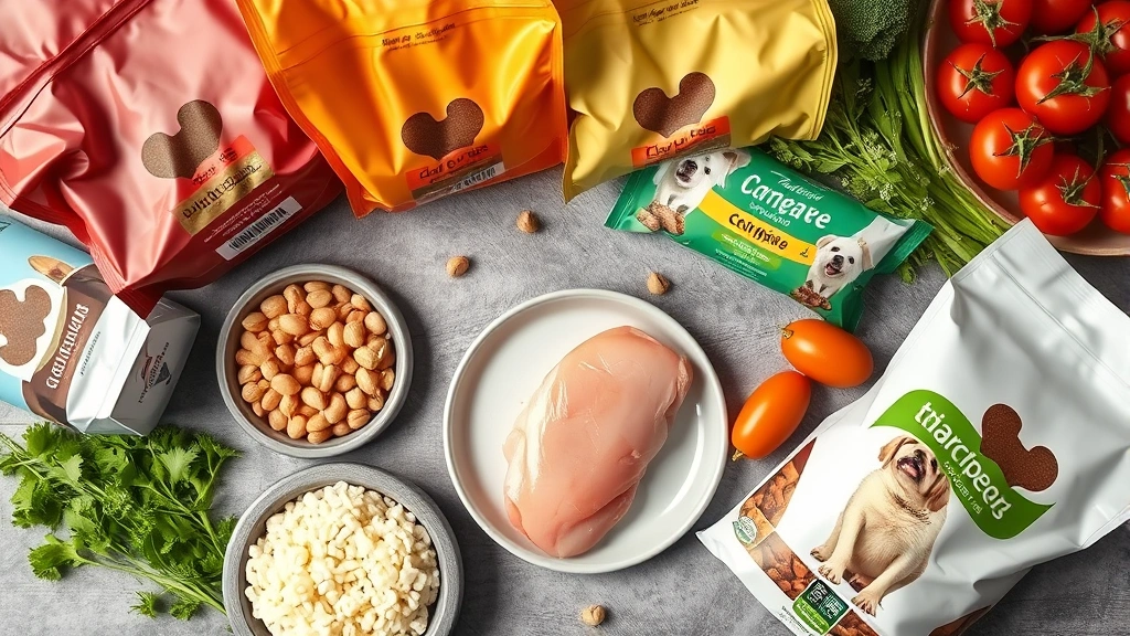 limited ingredient dog food -
Photorealistic overhead shot of various dog food bags and fresh ingredients inc