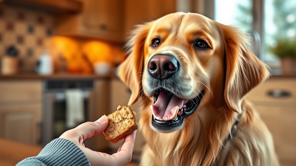 limited ingredient treat recipes -
Photorealistic image of a happy golden retriever eating a homemade treat from a
